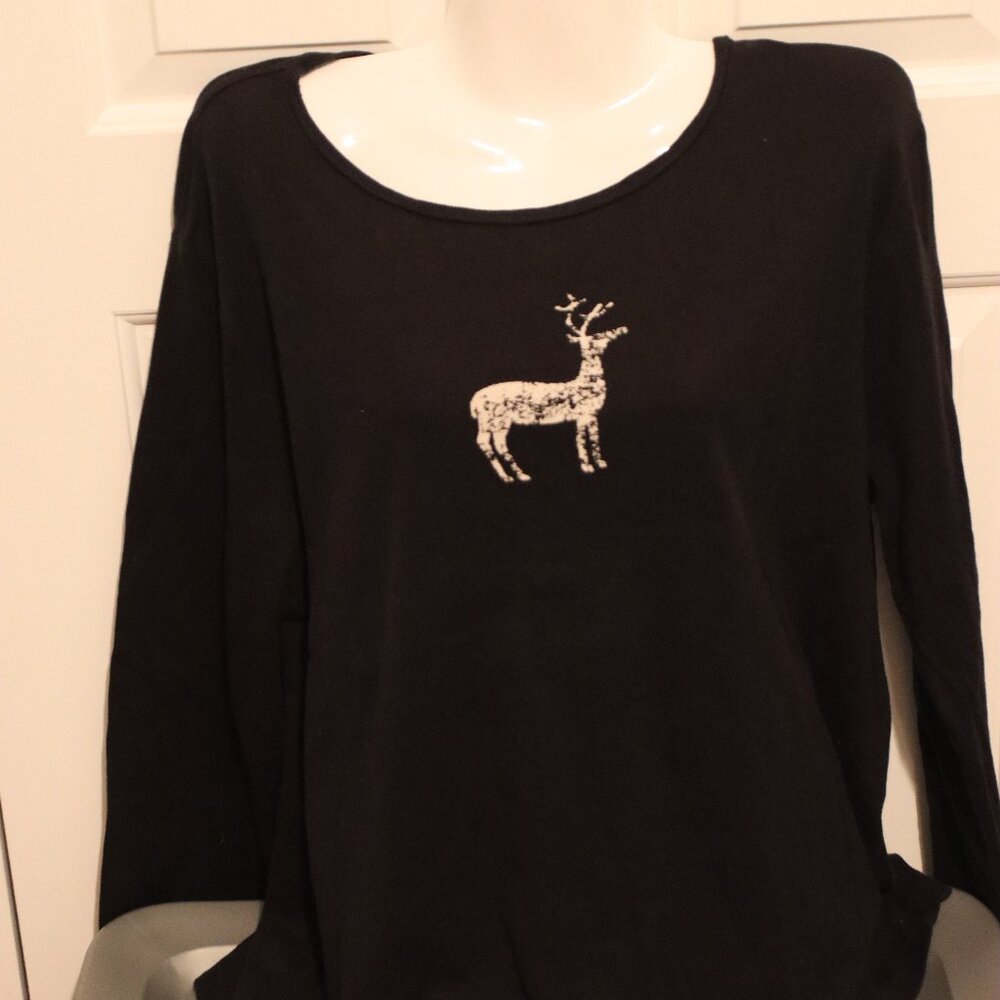 Talbots Black Long Sleeve Tee Deer Graphic 100% Cotton Casual Holiday Size 2X